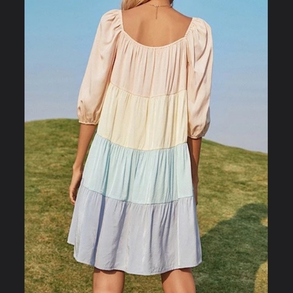 Pastel multicolor tiered dress 3/4 sleeve L XL pink yellow green blue prariecore - Picture 8 of 16